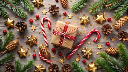 Flat Lay of Festive Gifts Candy Canes and Pinecones