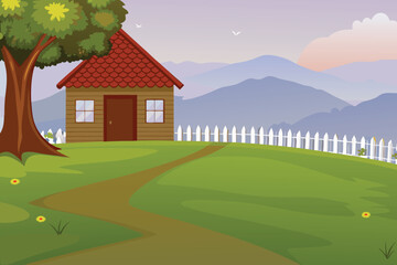 Charming countryside cottage with a red roof and scenic mountain background