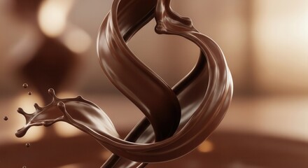 Glossy dark brown liquid elegantly swirls and splashes against a warm blurred background featuring a rich smooth texture and intricate liquid forms