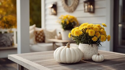 Cozy autumn porch scene with white pumpkins and vibrant yellow mums inviting fall ambiance