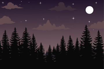 Fototapeta premium Silhouetted forest landscape beneath a bright moon and starry night sky