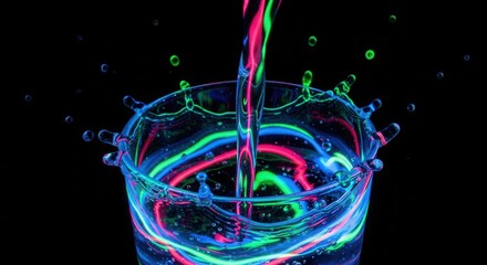 Glowing neon liquid striped in pink green and blue pours into a clear glass creating dynamic splashes and ripples against a dark background