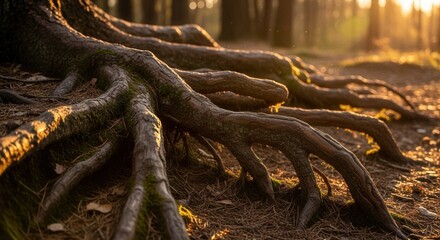 Gnarled tree roots on a forest floor bathed in warm golden sunlight filtering through distant trees highlighting textures and moss