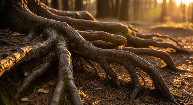Gnarled tree roots on a forest floor bathed in warm golden sunlight filtering through distant trees highlighting textures and moss