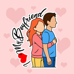 A girlfriend hugging her boyfriend from behind tenderly and affectionately on a bright pink background. Perfect for celebrating National Boyfriend Day on October 3rd.
