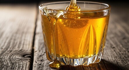 Golden viscous liquid is poured into a faceted glass resting on a rustic wooden surface with prominent grain