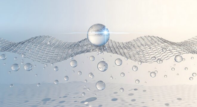 Dynamic nanotechnology concept showing a molecular mesh structure with a large moisture sphere on top and bubbles underneath in a cosmetic filtration context