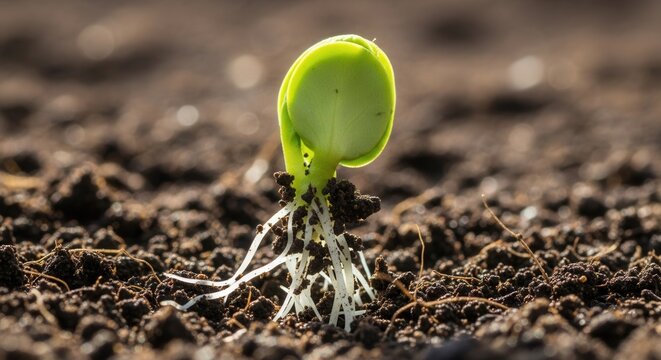 Green seedling emerging from dark soil with white roots visible