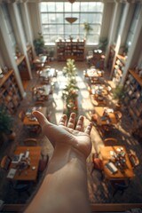 Sunlit library interior with extended hand in the foreground, showcasing warm wooden tables, tall windows, lush green plants, and an inviting academic atmosphere ideal for education, study, and creati