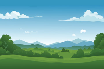 Obraz premium Scenic landscape with green fields mountains and a bright blue sky