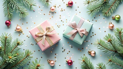 Flat Lay of Pastel Gift Boxes with Pine Branches