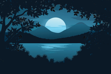Dark silhouette of trees framing a bright full moon over water