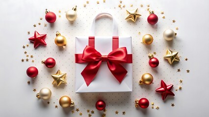Flat Lay of White Shopping Bag with Red Bow Surrounded by Gifts