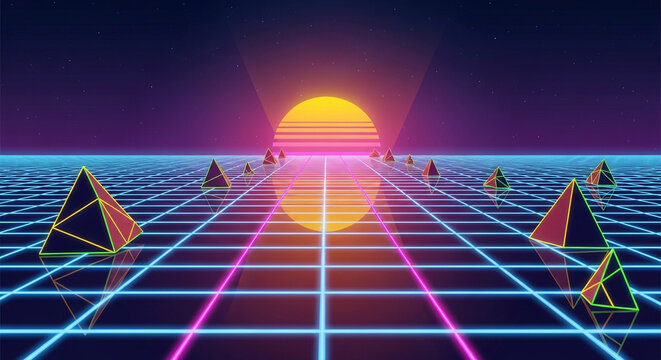 A retrofuturistic landscape with a neon grid, pyramids, and a setting sun, evoking a sense of nostalgia and technological optimism, perfect for 80sthemed designs