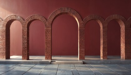 Vibrant Red Brick Archways Against Serene Gray Stone Floor