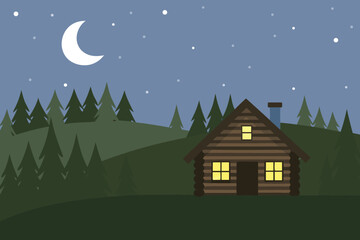 A cozy cabin nestled among evergreen trees under a starry night sky