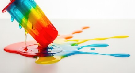 Melting multi-colored frozen treat dripping vibrant liquid onto a white surface creating streaks and puddles of red yellow and blue hues