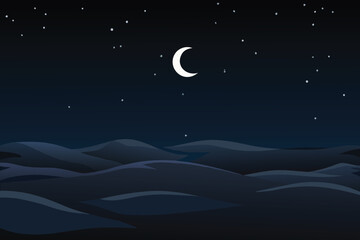 A peaceful night scene with rolling hills and a crescent moon
