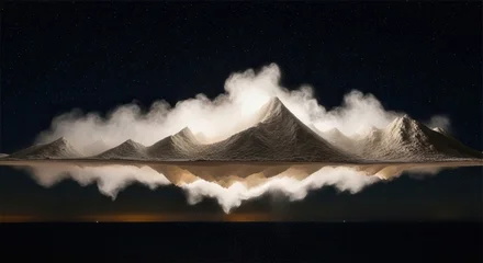 Keuken achterwand Reflectie Night landscape with jagged mist-shrouded peaks reflected in still water under a starry sky illuminated by a gentle glow  © Karen