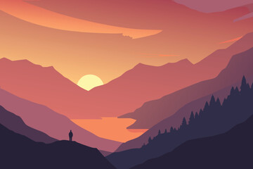 A serene minimal landscape featuring a sunset over mountains and water