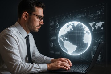 Digital Data Analysis: A focused individual, engrossed in analyzing global data on a modern laptop, symbolizing the intricate nature of information technology.