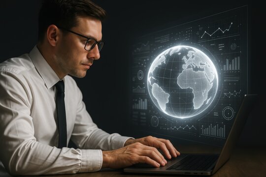 Data Analyst at Work: A focused individual, illuminated by the glow of a digital globe, engages with a laptop and analyzes data, indicating his deep concentration on the subject.