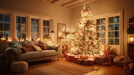 Cozy living room with decorated Christmas tree glowing lights