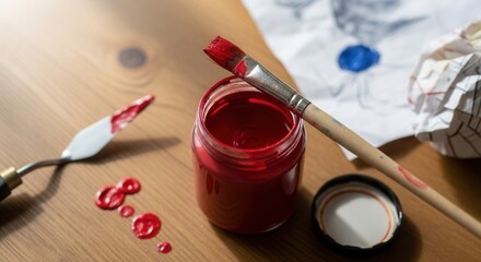 Red paint jar brush palette knife and crumpled paper with blue mark on a wooden surface highlighting creative activity