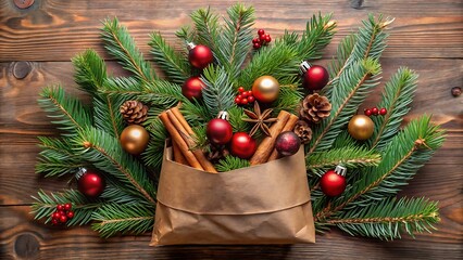 Kraft Paper Bag with Pine Branches and Tiny Ornaments