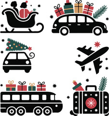 Naklejka premium Christmas Travel Silhouette Icon Set Vector Design