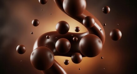 Rich brown textured spheres float around a smooth winding brown ribbon-like form against a soft gradient background