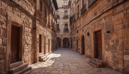 Fototapeta premium Sunlit Alleyway Flanked By Sandstone Buildings Leading To Open Space