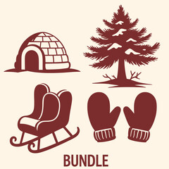 Set of winter theme icons with igloo, pine tree, sled, and gloves in vintage style. Vector illustration.