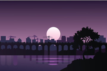 A silhouetted cityscape with a large moon over arched bridge structures
