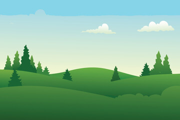 A peaceful landscape illustration with green hills trees and a blue sky