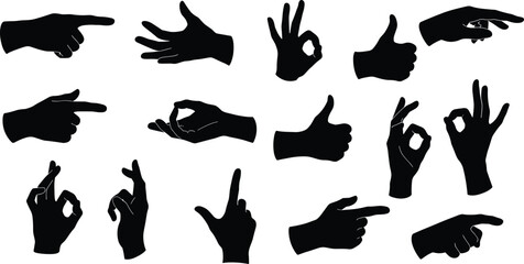 Silhouette hand gestures collection, various pointing, thumbs up, okay signs, and communication symbols isolated on white background, vector illustration, design elements