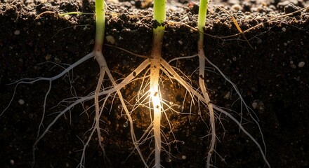 Three green plant shoots with exposed bright roots growing in dark rich soil illuminated from below showing moisture droplets