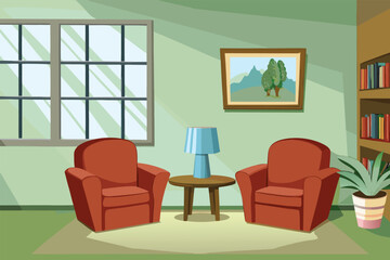 A cozy living room scene with two armchairs and a painting