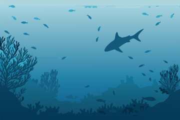 Obraz premium Silhouetted shark swims among coral reefs and small fish underwater