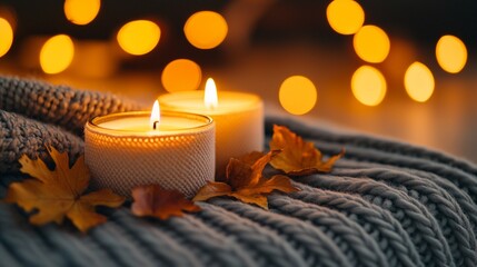 cozy home lifestyle niche Cozy Autumn Scene with Lit Candles on Warm Knitted Blanket warm ambiance daily routine comfortable aesthetic for ads