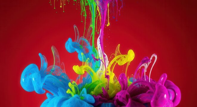 Vibrant inks in blue green yellow magenta and white swirl and blend dynamically within a red liquid forming abstract organic shapes and intricate plumes - Powered by Adobe