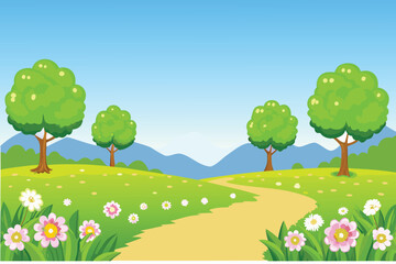 A beautiful cartoon landscape featuring trees a path and distant mountains