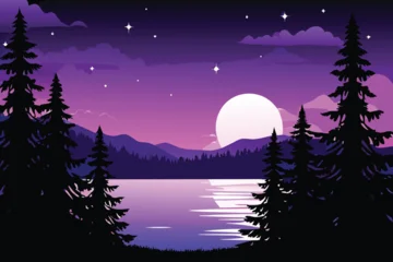 Fototapete Rund Warmes Lila Beautiful purple landscape with silhouetted trees moon and calm water scene  © MAYENUDDIN