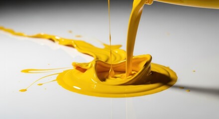 Vibrant yellow paint pours onto a reflective white surface creating dynamic splashes ripples and streams