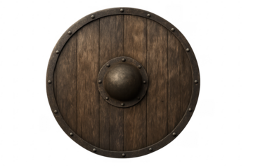 Round wooden viking shield protecting ancient warrior