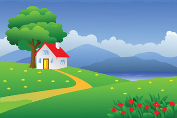 Naklejka premium Charming house with a red roof nestled in a vibrant countryside scene