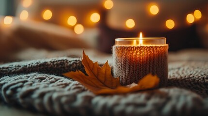 cozy home lifestyle niche Cozy Autumn Ambiance with Candle and Knit Textures warm ambiance daily routine comfortable aesthetic for ads