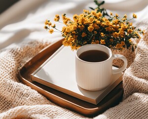 cozy home lifestyle niche Cozy Morning Setting with Cup of Tea, Book, and Yellow Flowers on a Knit Blanket warm ambiance daily routine comfortable aesthetic for ads