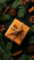 high demand stock niche Festive Gift Box Wrapped with Cinnamon and Pine Branches on Dark Background commercial friendly composition copyspace ready