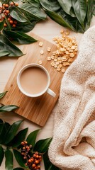 high demand stock niche Cozy Autumn Scene with Coffee, Oats, and Knitted Blanket commercial friendly composition copyspace ready